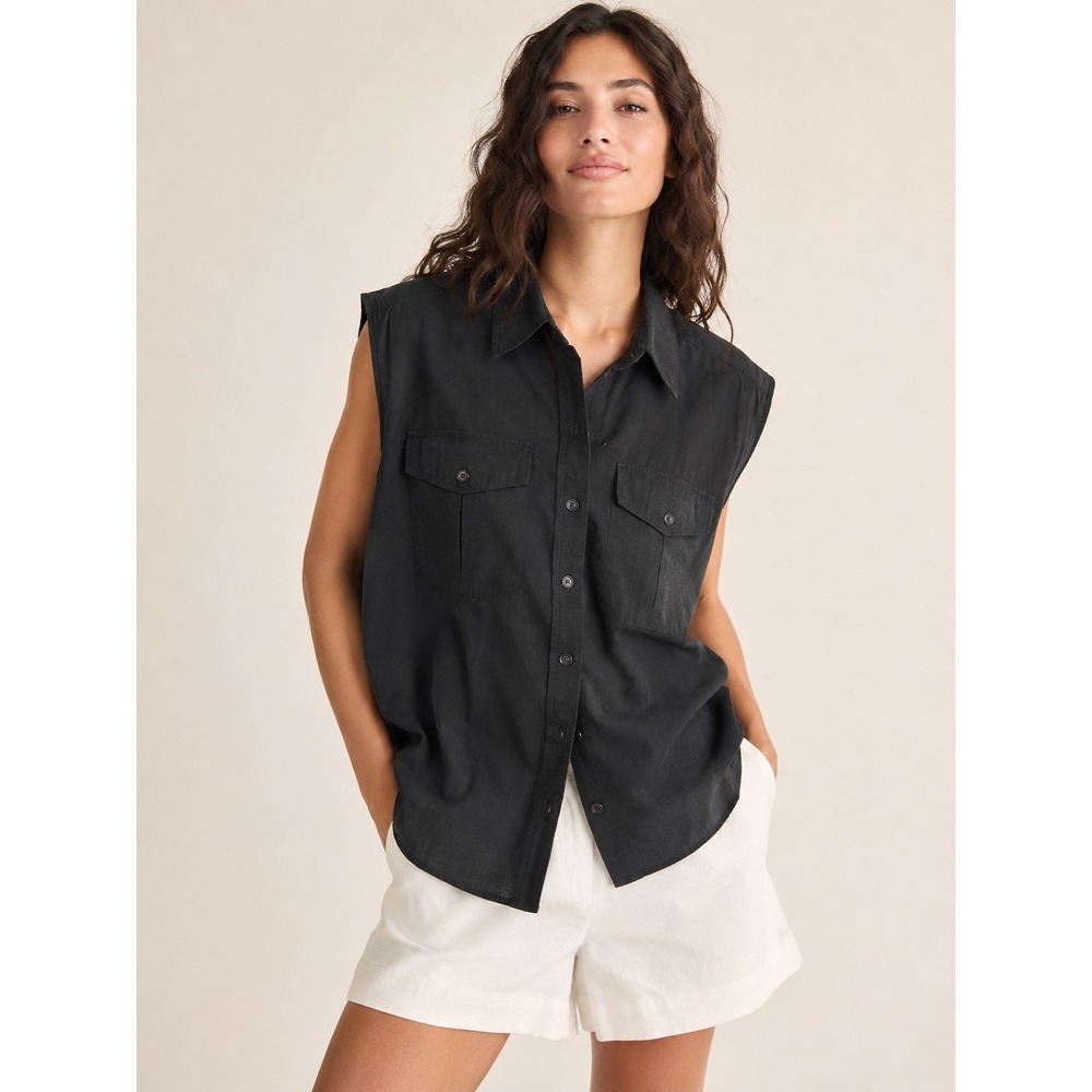 Banana Republic Women Cotton Utility Sleeveless Shirt XL Safari Minimalist Black